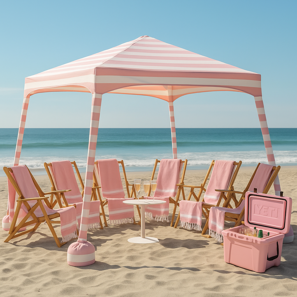 Complete Beach Setup with Cabanas and Chairs