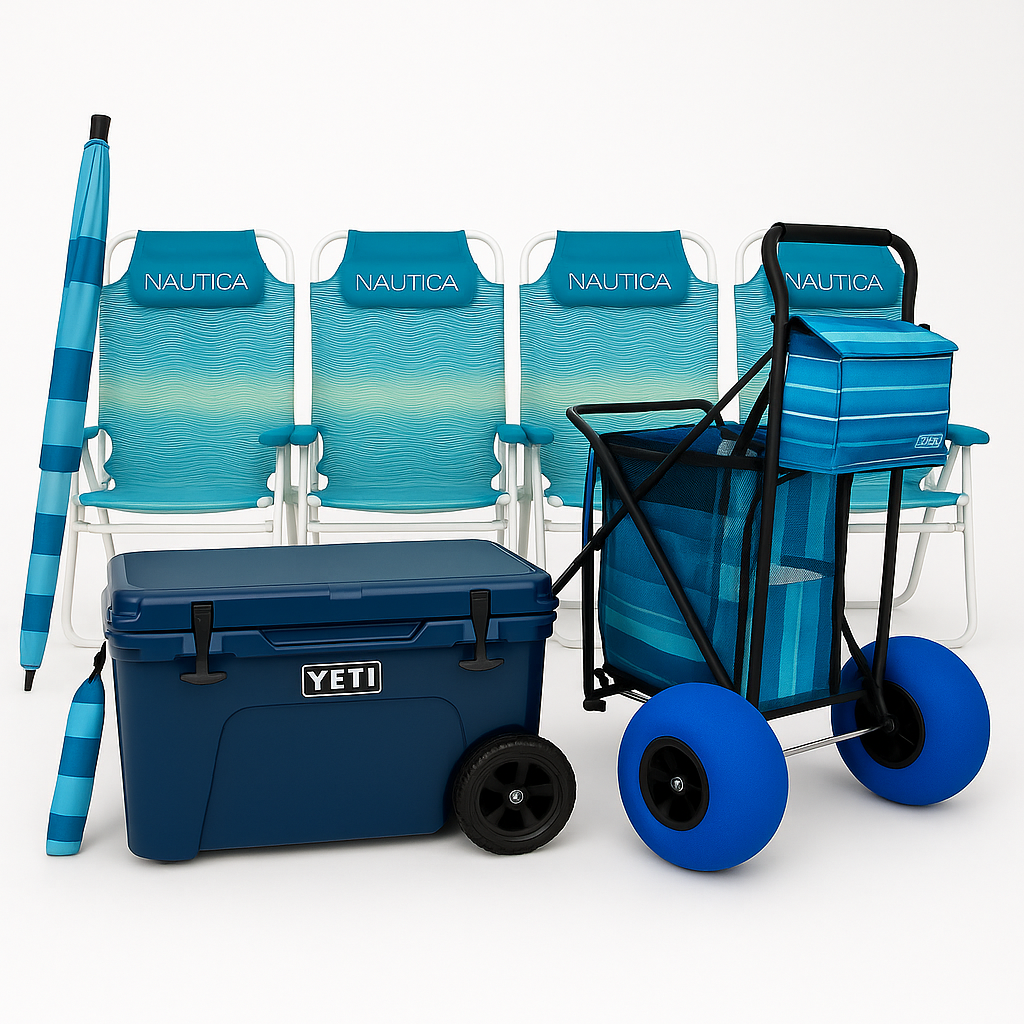 Shore Thing Pack (4 Chairs, YETI Cooler, Cart, and Umbrella)